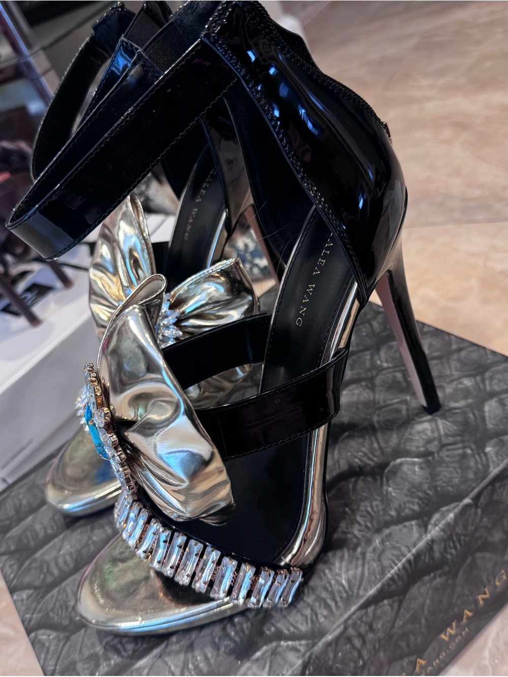 Black and Gold Embellished High Heel Sandals with Teal Gem - Picture 4 of 6